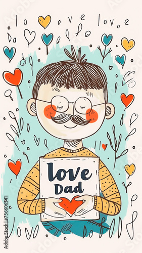 tender man with mustache wearing glasses holding drawing of his child in his hands with red heart and the inscription - love dad - greeting card