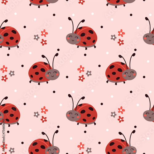 Seamless pattern with cute cartoon ladybug, flower and polka dot on pink background © AnaRisyet