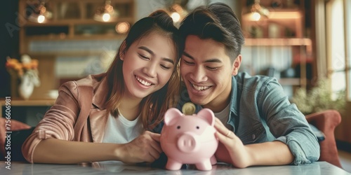 Young smiling Asian couple holding piggy bank. A young couple is saving money..