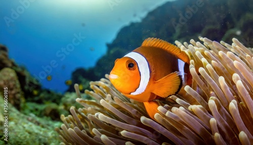Clown fish  Anemonefish  Amphiprion ocellaris  swim among the tentacles of anemones  symbiosis of fish and anemones