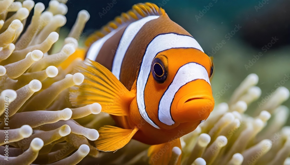 Clown fish, Anemonefish (Amphiprion ocellaris) swim among the tentacles of anemones, symbiosis of fish and anemones