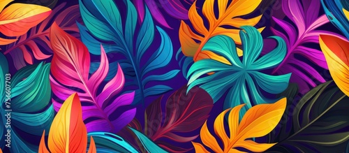 Abstract seamless pattern with colorful tropical leaves for design. Bright summer background featuring jungle foliage. Botanical swimwear design with a vintage touch.