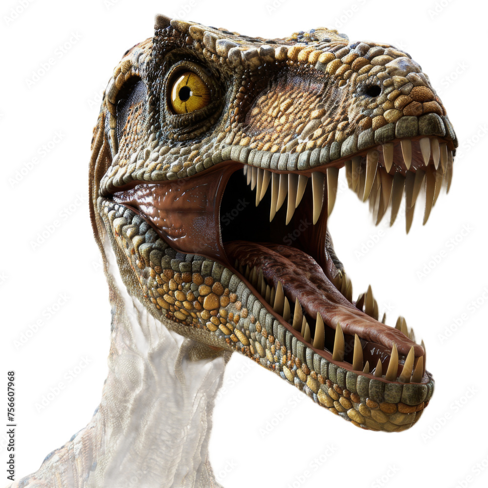 Fototapeta premium Close Up of Dinosaur With Mouth Open On a Transparent Background PNG