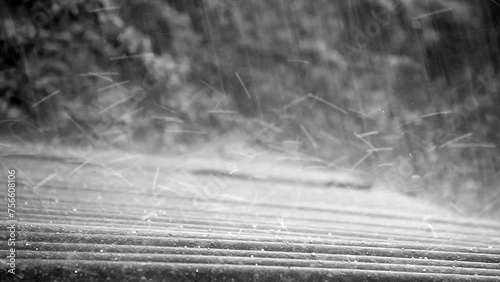 summer rain with hail falls on the slate roof against the background of trees black and white video photo