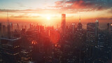 A bustling city skyline at sunset, with sleek digital infrastructure seamlessly integrated into the architecture. 8K -