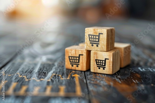 Growing sales concept with shopping cart icons on wooden cubes increasing in size