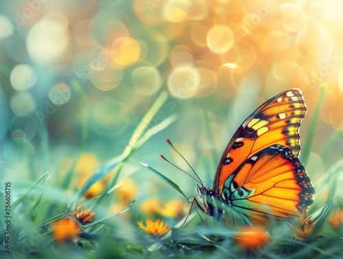 Set against a canvas of verdant grass, a stunningly beautiful butterfly showcases its vibrant colors, adding a touch of nature's artistry to the scene. © JackBoiler