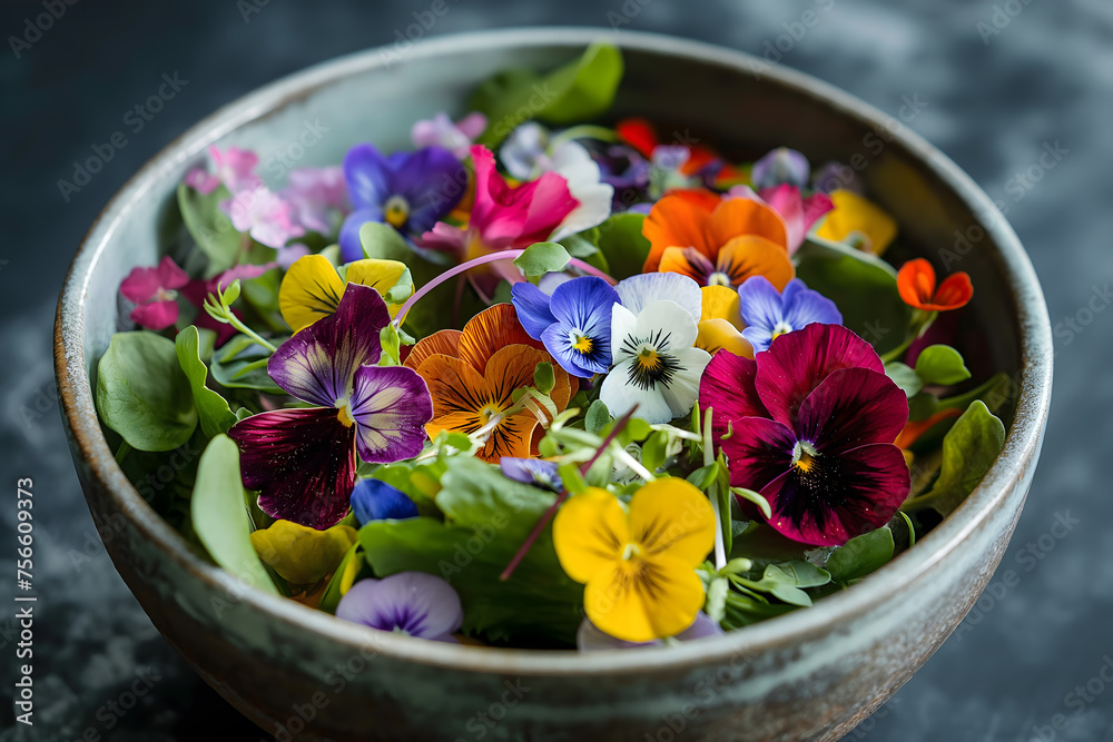 Colorful Edible Flowers in a Bowl on Textured Background