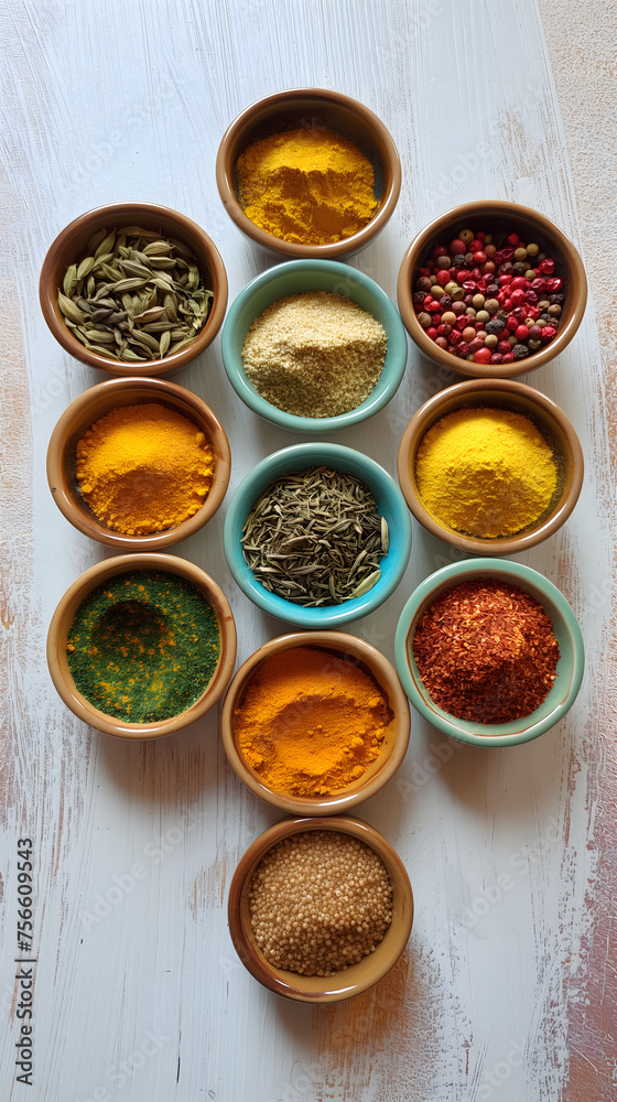 Assorted Spices in Bowls on Dark Textured Background