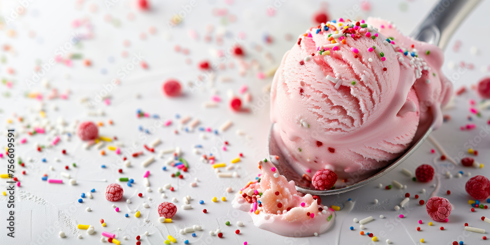 Close-up of an ice cream scoop topped with either strawberry or raspberry flavor, set against a white background. Decorated with colorful sprinkles and toppings, creating a delightful dessert. Close-up of an ice cream scoop topped with either strawberry or raspberry flavor, set against a white background. Decorated with colorful sprinkles and toppings, creating a delightful dessert.