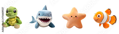 Cute Cartoon 3D Illustration of Sea Animals Set: Clown Fish, Shark, Turtle, and Starfish Animal Toy, Isolated on Transparent Background, PNG