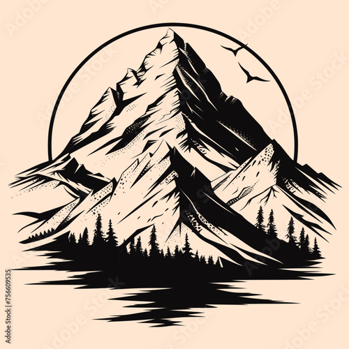 Black and White Mountain Outline Silhouette Ornament Vector Art for Logo and Icon, Sketch, Tattoo, Clip Art