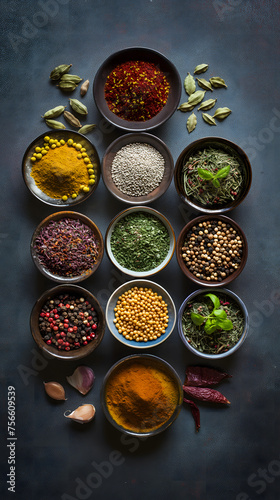 Assorted Spices in Bowls on Dark Textured Background