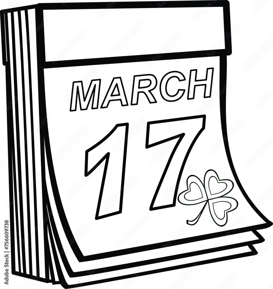 Tear-off calendar with the date March 17 and clover, St. Patrick's Day - vector linear picture for coloring. Irish holiday date Tear-off calendar with the date March 17 and clover, St. Patrick's Day - vector linear picture for coloring. Irish holiday date