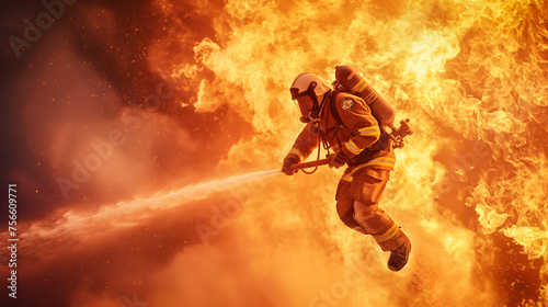Courageous Firefighter Battling Raging Inferno with Determination © slonme