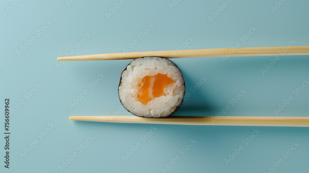 Elegant Sushi Roll Balanced on Bamboo Chopsticks Against Blue Background Elegant Sushi Roll Balanced on Bamboo Chopsticks Against Blue Background