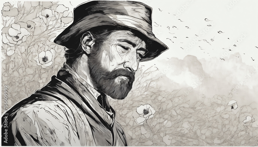 Fototapeta premium The Lone Wanderer Amidst Poppies and Birds: A Study in Monochrome Generative AI