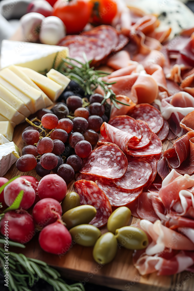 Gourmet Charcuterie Board with Variety of Cheeses, Meats, and Fruits