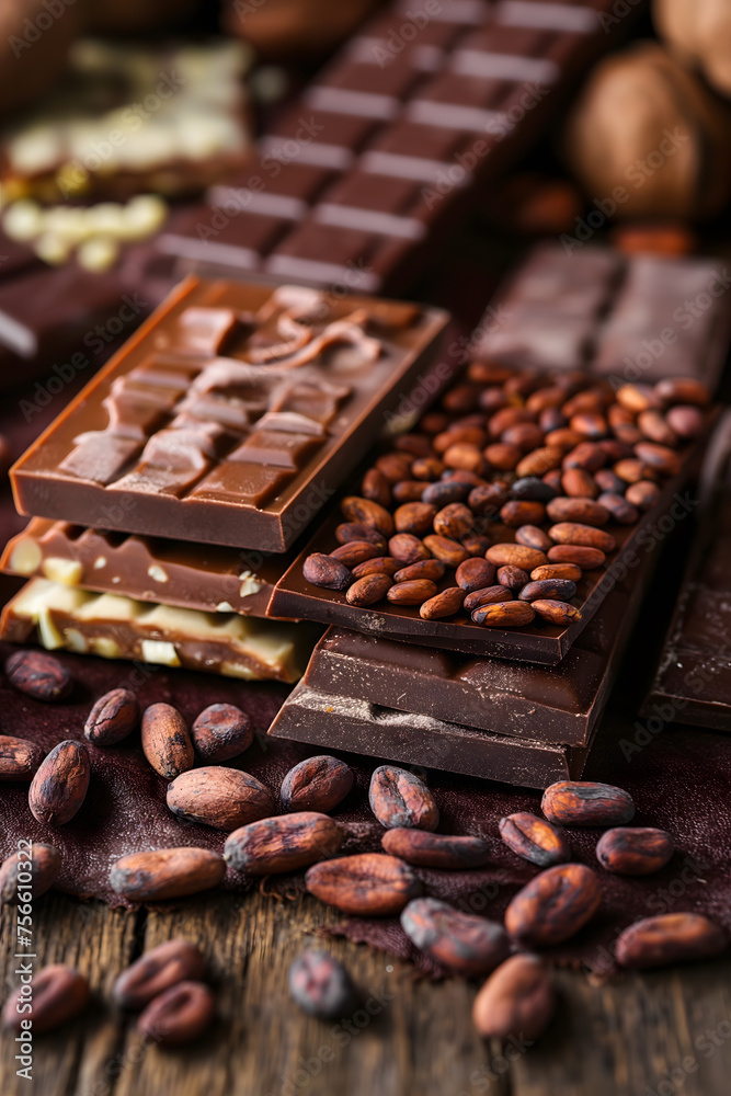 Artisan Chocolate Bars With Cocoa Beans Displayed on Wooden Background Artisan Chocolate Bars With Cocoa Beans Displayed on Wooden Background