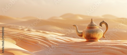 A golden teapot with a spout stands in the desert. AI generated illustration