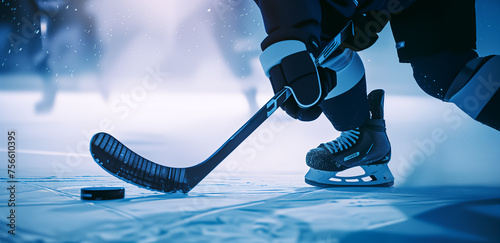 Hockey player shoot the puck and attacks with motion blur. Ice Hockey Rink Arena