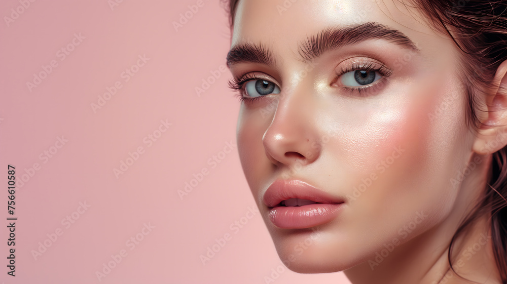 Fototapeta premium Radiant Young Woman with a Mesmerizing Gaze on a Pink Background