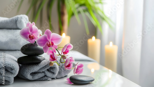 Serene Spa and Wellness Setting with Orchids and Stones