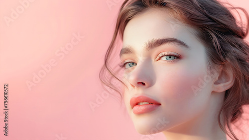 Beautiful Woman with Glitter Makeup on Pink Bokeh Background
