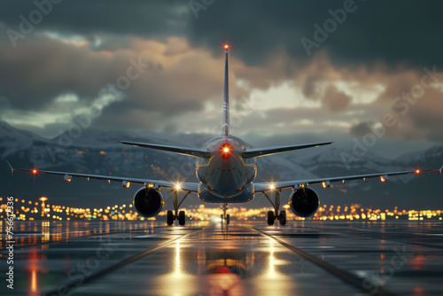 Passenger plane on the airport runway with lights, rear view. A plane taking off
 photo