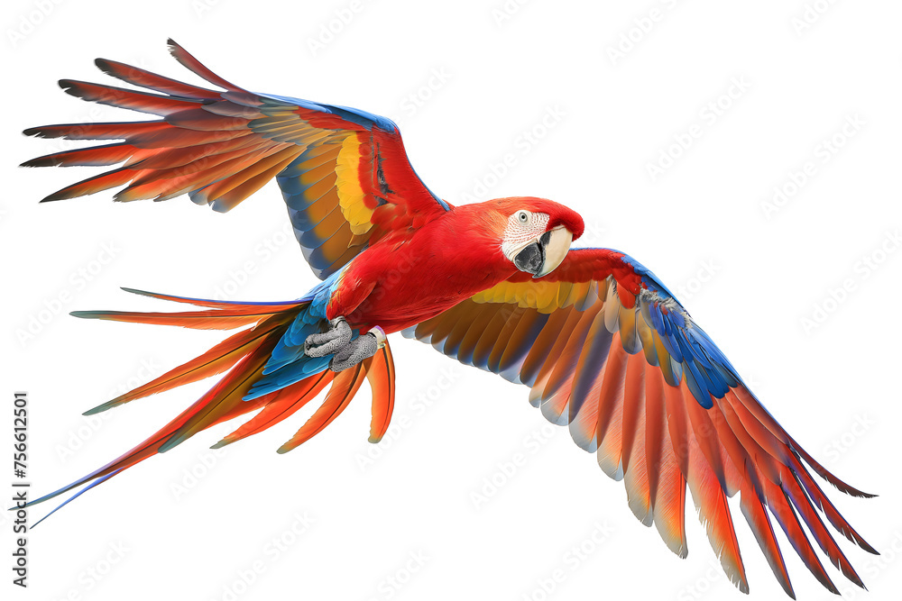 Fototapeta premium Majestic Scarlet Macaw in Flight Isolated on White