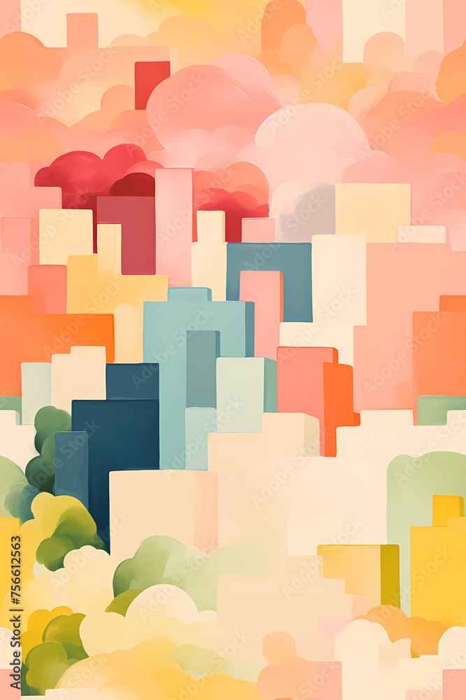 Seamless pattern with serene landscape with geometric shapes in pastel colors. Abstract cityscape with skyscrapers, trees and clouds. For backgrounds, posters, and wall art.