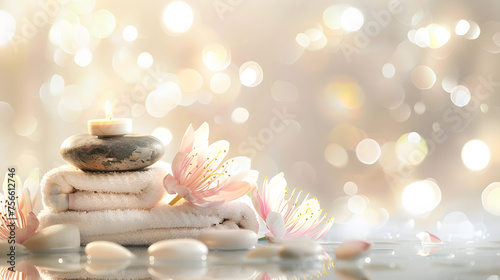 Serene Spa Setting with Candles, Towels, and Flowers on Shimmering Background