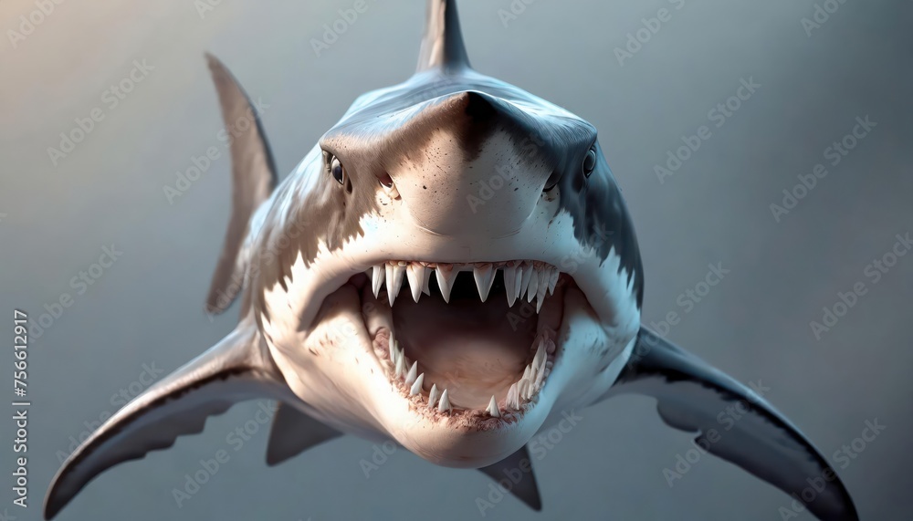 Ocean shark bottom view from below. Open toothy dangerous mouth with many teeth. Underwater blue sea waves clear water shark swims forward Ocean shark bottom view from below. Open toothy dangerous mouth with many teeth. Underwater blue sea waves clear water shark swims forward