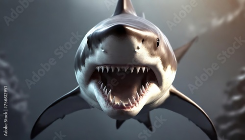 Ocean shark bottom view from below. Open toothy dangerous mouth with many teeth. Underwater blue sea waves clear water shark swims forward