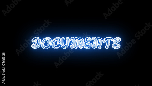 Neon sign with word DOCUMENTS glowing in blue on dark background.