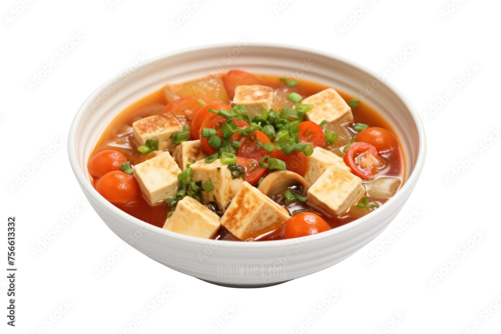Tofu stir-fried with vegetables such as tomatoes, carrots and onions, topped with soup and served in a warm bowl. Focus on mellowness Isolated on a transparent background.