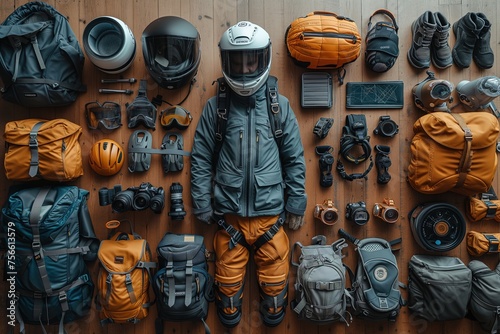 Top view of various adventure and camping equipment neatly organized on a wooden surface