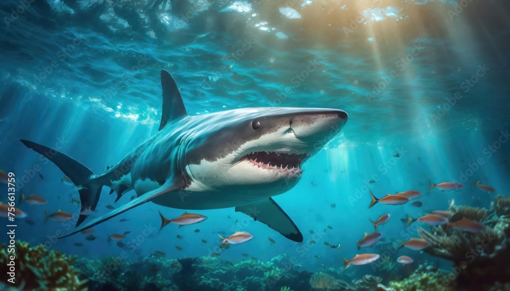 Naklejka premium Ocean shark bottom view from below. Open toothy dangerous mouth with many teeth. Underwater blue sea waves clear water shark swims forward