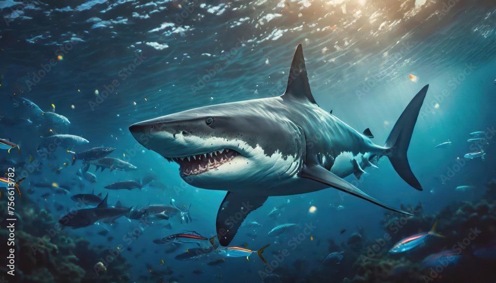 Fototapeta premium Ocean shark bottom view from below. Open toothy dangerous mouth with many teeth. Underwater blue sea waves clear water shark swims forward