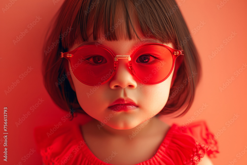 A young girl wearing red glasses and a red shirt. The girl is looking at the camera. cute baby girl, in red dress, sharp facial feautres, background peach gradient, wearing red spectacles