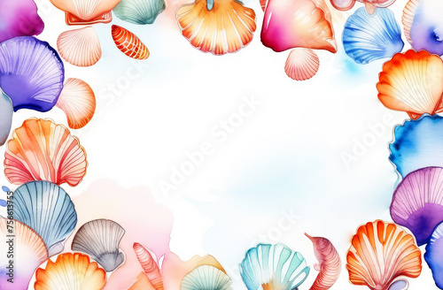 watercolor frame border seashell postcard and free space for text