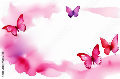 watercolor frame,border with free space for text. Butterflies are colored, bright pink