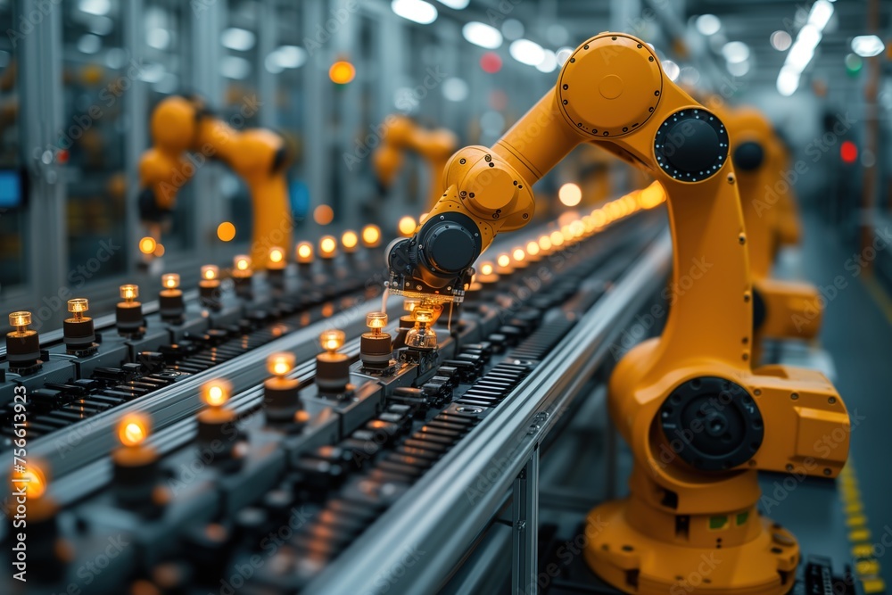 Precision robotic arms working seamlessly on a production line in a high-tech manufacturing facility