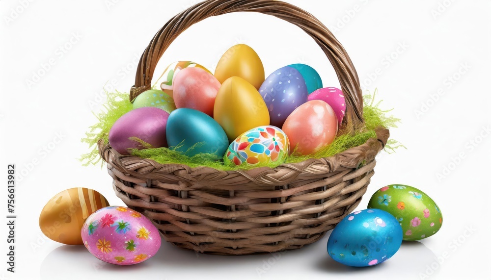 aster basket filled with colorful eggs isolated on white background. Easter celebration 
