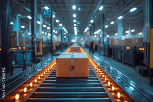 A box is being transported on a hi-tech conveyor belt system in a large distribution warehouse