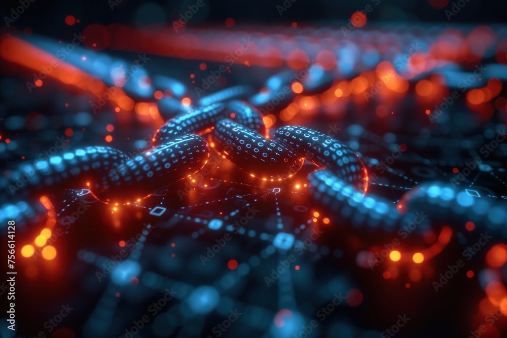 Computer generated image of a digital blockchain with interconnected nodes signifying secure distributed ledger system Computer generated image of a digital blockchain with interconnected nodes signifying secure distributed ledger system