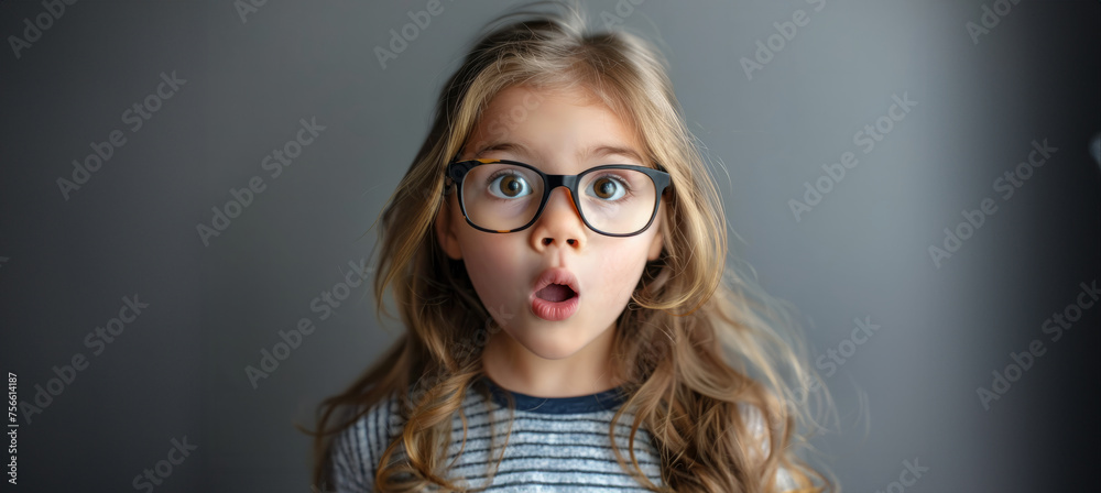 A young girl with long hair and glasses is looking surprised. Concept of curiosity and wonder, as the girl's wide-open eyes. Cute little girl surprised face looking at camera wearing glasses A young girl with long hair and glasses is looking surprised. Concept of curiosity and wonder, as the girl's wide-open eyes. Cute little girl surprised face looking at camera wearing glasses
