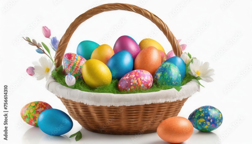 Naklejka premium aster basket filled with colorful eggs isolated on white background. Easter celebration