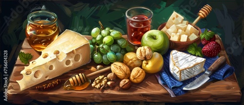 A rustic wooden cutting board overflowing with a variety of cheeses, fruits, nuts, and a drizzle of honey. photo