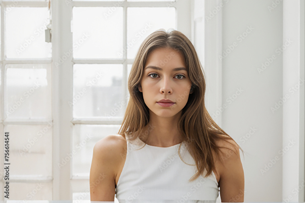 Portrait of a Russian woman with thin features standing in front of a window in a high-rise apartment Portrait of a Russian woman with thin features standing in front of a window in a high-rise apartment